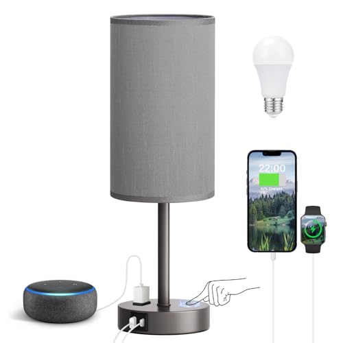 Fenmzee Grey Nightstand Bedroom Lamp - 3 Way Dimmable Bedside Lamp USB C A Charging Ports and AC Outlet, Small Table Lamp Linen Lampshade for Office Desk - color: Grey - Grey, size: 17.4" Touch Control