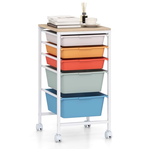 GOFLAME 5-Drawer Rolling Storage Cart, Craft Storage Cart with Wooden Tabletop and Lockable Wheels, Art Cart Supply Storage Organizer with Metal Frame for Home Office Classroom, Macaron Color - color: Macaron Color, size: 5 Drawer with Wood Top-13"x14.5"x