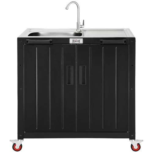 Feasto Outdoor Kitchen Island with Stainless Steel Sink and Storage Cabinet, 35-Inch BBQ Prep Station with Faucet & Lockable Wheels for Patio, Backyard, and Outdoor Cooking, Black & Silver - size: Outdoor Kitchen Sink Station