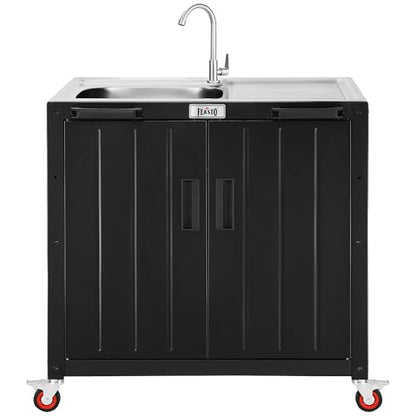 Feasto Outdoor Kitchen Island with Stainless Steel Sink and Storage Cabinet, 35-Inch BBQ Prep Station with Faucet & Lockable Wheels for Patio, Backyard, and Outdoor Cooking, Black & Silver - size: Outdoor Kitchen Sink Station