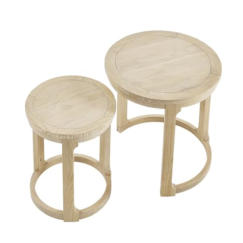 Round End Side Table Set of 2, Handcraft Nesting Table for Living Room, Modern Wood Circle Style, Easy Assembly, Oak - color: S1-2pcs-oak