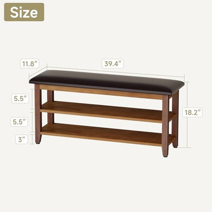 Shoe Bench with Leather Cushion,Rubberwood Bench with Shoe Rack | 2-Tier Shoe Storage Organizer for Entryway,Hallway,Living Room - size: 2-Tier-39.4"