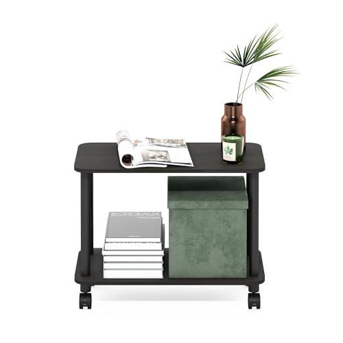 Furinno Turn-N-Tube Side Table, 2-Tier Sofa End Table with Wheels, Toolless Assembly Night Stand, Bedside Table with Open Shelf, for Living Room, Bedroom, Dark Espresso - color: Dark Espresso/Black