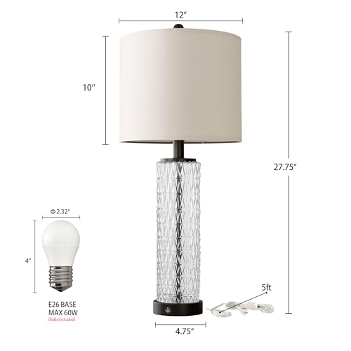 Oneach 27.75” Table Lamps Set of 2, Black Modern Bedside Lamp with LED Night Light, USB A+C, Glass Lamps for Living Room, Bedroom, Nightstand, Office, End Table (2 Bulbs Included) - color: Black - White Shade
