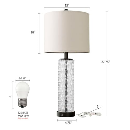 Oneach 27.75” Table Lamps Set of 2, Black Modern Bedside Lamp with LED Night Light, USB A+C, Glass Lamps for Living Room, Bedroom, Nightstand, Office, End Table (2 Bulbs Included) - color: Black - White Shade