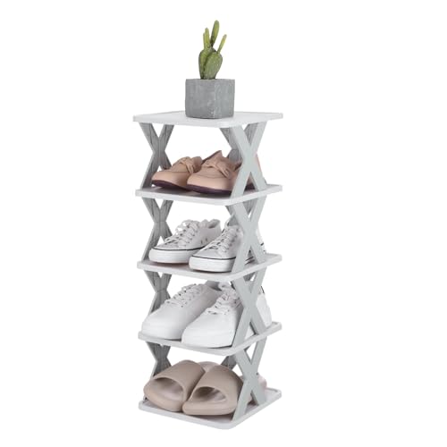 uxcell 5-Tier Plastic Shoe Rack, Vertical Shoe Rack Stackable Storage Organizer Folding Space-Saving Narrow Slot Shelf for Closet Livingroom Entryway Garage, Gray/White - color: Gray/White, size: 10.2x9.4x25.8 Inch