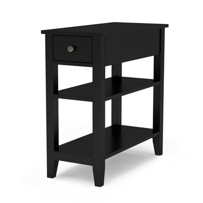 ChooChoo Side Table Living Room, Narrow End Table with Drawer and Shelf, 3-Tier Sofa End Table for Small Space, Black - color: Ink Black