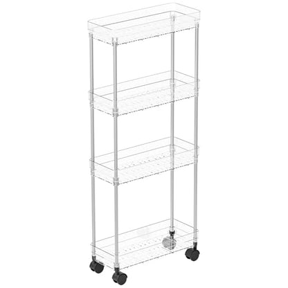 Clear 4 Tier Slim Rolling Storage Cart with Wheels,6.3″W Thin Shelf,Bathroom Storage Cabinet,Skinny Laundry Cart,Narrow Laundry Room Cart Between Washer and Dryer,Skinny Shelves for Small Space - style: 4 Tier