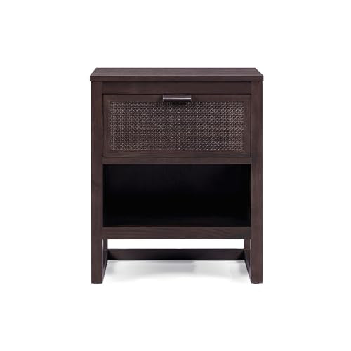 Teamson Home Hatteras 20" W Nightstand with 1 Deep Drawer and Open Shelf Storage in Coastal Modern Style, Ball Bearing Glides, Pine Wood Frames and MDF with Rattan, Espresso Finish | 1 Deep Drawer, Open Shelf Storage, Coastal Modern Style, Pine Wood & MDF