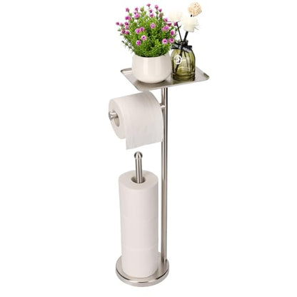 Noonext Toilet Paper Holder with Shelf, Freestanding Toilet Paper Stand with Tray for Small Items, Toilet Paper Holder Freestanding, Storage Space for 4 Extra Toilet Paper Rolls (Brushed Nickel) - color: Brushed Nickel