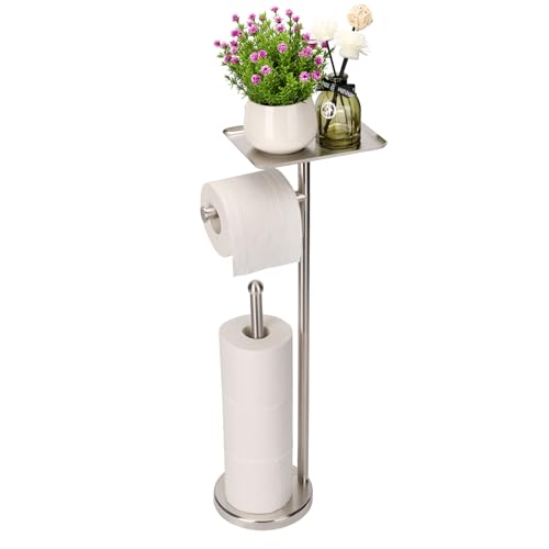 Noonext Toilet Paper Holder with Shelf, Freestanding Toilet Paper Stand with Tray for Small Items, Toilet Paper Holder Freestanding, Storage Space for 4 Extra Toilet Paper Rolls (Brushed Nickel) - color: Brushed Nickel