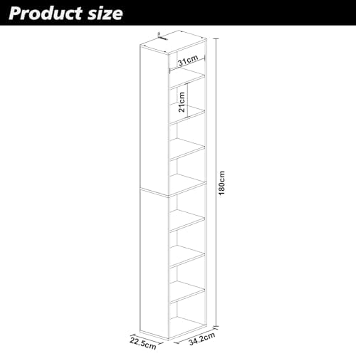 Panana 8 Tier Storage Shelf Bookcase, Slim Organizer Shelves Cabinet Tall Narrow Media Tower Rack Display Bookshelf for Home Office (White) - color: White
