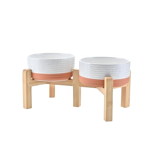 SPUNKYJUNKY Elevated Dog Bowls Ceramic, 6.1'' Dogs and Cat Food Water Bowls Raised with Non-Slip Bamboo Stand for Medium Sized Breed Microwave Dishwasher Safe - 28.7 OZ,Pattern White - color: Pattern White, size: 6.1 in - 3.6 cups