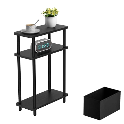 THUMEYE Narrow Side Table with Fabric Basket, 7" Wide, 3 Tier Skinny End Table with Wood Legs, Slim Nightstand/Bedside Table for Small Spaces, with Adjustable Feet, 15.7" L x 23" H - color: Black