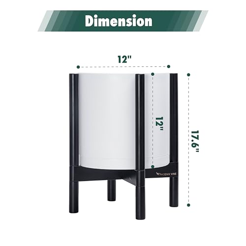 D'vine Dev Plastic Pot with Ebony Wood Stand, White, 12 in, 55-C-Q-1 | Mid-Century Inspired Design, Elevated Plant Display, Clean Lines, Sturdy Support, Modern Space-Saving Style - color: Matte White Pot + Ebony Stand, size: 12 Inch