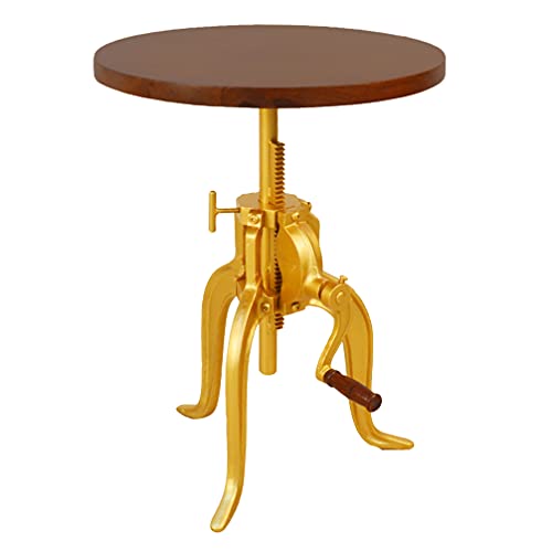 Carolina Chair & Table Adjustable Hand Crank 18" Wooden Top Rustic Side Table - Cast Iron Base Round Accent Table for Farmhouse, Living Room, or Bedroom (Elm/Gold) - color: Elm/Gold