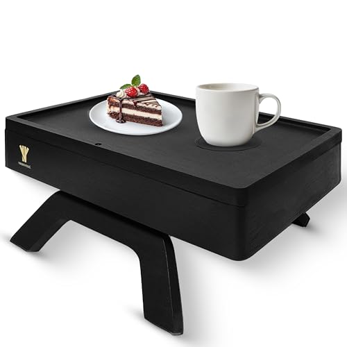 Bamboo Couch Arm Table, Sofa Arm Tray, 360 Rotating Table, Clip On Side Table for Couch, Perfect Size for Remotes, Storage and Includes 4 Bonus Coasters, 13x9.25x2.5in, Black - color: Black