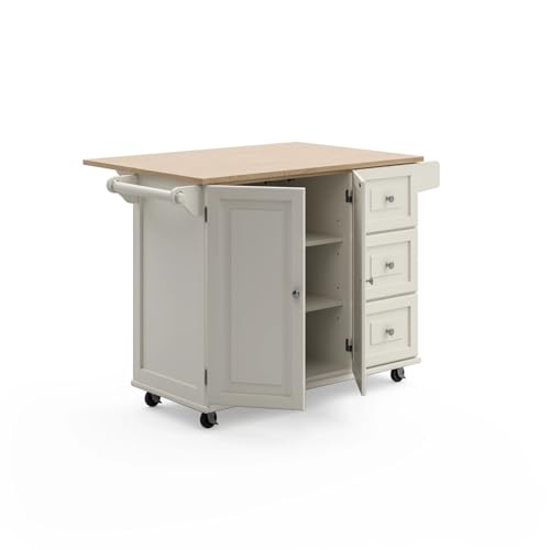 Homestyles Dolly Madison Off-White Mobile Kitchen Island Cart with Wood Drop Leaf Breakfast Bar - color: Soft White