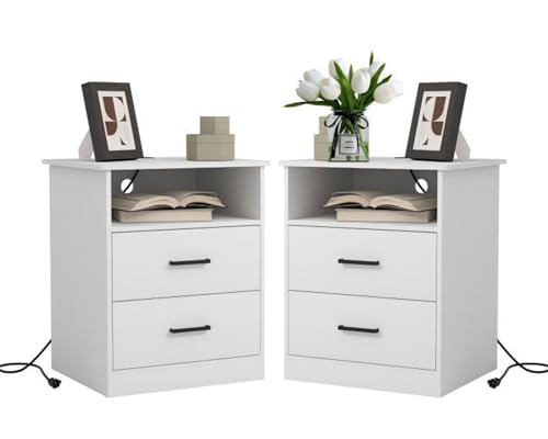 Night Stand Set 2 with Charger Station, Modern Nightstand with USB Type-C Ports and AC Outlets, Large Bedside Table with 2 Drawers and Open Storage, Wooden End Table for Bedroom, White - color: White, size: 2 Drawers-Set of 2