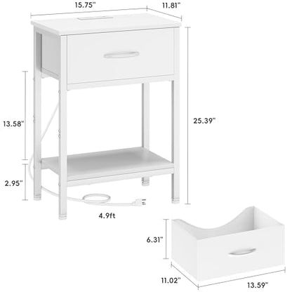 Vagusicc White Nightstand Set of 2 with Charging Station, Bed Side Table with Fabric Drawer, Small End Table with 2-Tier Storage Shelves, 25.4" Tall Bedside Table, Night Stand for Bedroom, Living Room - color: White (2 Pack)