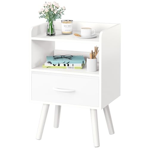 Yoobure Modern Nightstand with Drawer, Bedside Tables, Mid Century Nightstands with Open Storage Shelf, Wood Bedside Table, Small Night Stands for Bedrooms, 2-Tier Night Table - color: White