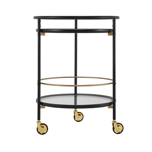 GDFStudio Modern Round Bar Cart with Dual Tempered Glass Shelves, Lockable Wheels and Gold Metal Accents, Rolling Beverage Serving Cart for Living Room, Kitchen or Dining Space,Black and Gold Finish - color: Black,gold
