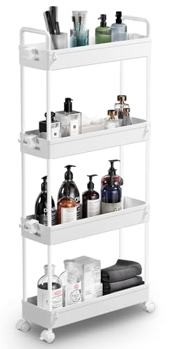 SOLEJAZZ Slim Rolling Storage Cart Skinny Bathroom Organizer, 4 Tier, White | Thin utility cart with wheels for bathroom, laundry room, bedside, kitchen, dorm, office, next to fridge, small narrow places - color: White, size: 4-Tier, 4.76"D
