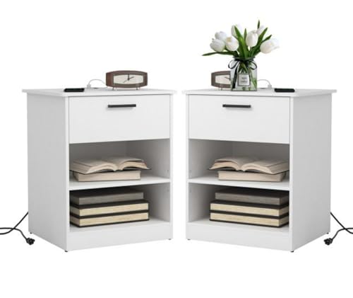 Night Stand Set 2 with Charger Station, Modern Nightstand with USB Type-C Ports and AC Outlets, Large Bedside Table with Drawer and Open Storage, Wooden End Table for Bedroom - color: White, size: 1 Drawer-Set of 2