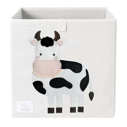 Two Cubs Foldable Kids Toy Storage Box - 13"x13" Cube Organizer Bin with Durable 2.6mm Plastic Plate Boards, Cow Design in White - Collapsible Nursery & Playroom Storage, Fits IKEA Kallax Shelves - color: Cow