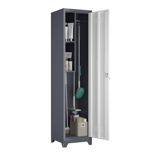 Metal Broom Storage Cabinets, Narrow Cabinet with Hooks, 65" Slim Bathroom Storage Cabinet with Shelves, Heavy-Duty Cleaning Cabinets for Utility Room, Gym, Office, Garage - color: 65"h 1 Door - Grey/White