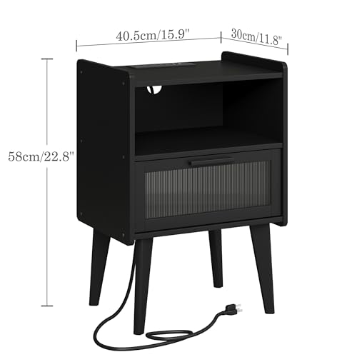 MMEOLUOOK Nightstand with Charging Station, Bedside Tables, End Table Side Table with 2 Tiers Storage Space, for Bedroom, Living Room, Black CAMLBZ07BE - color: Black
