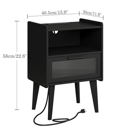MMEOLUOOK Nightstand with Charging Station, Bedside Tables, End Table Side Table with 2 Tiers Storage Space, for Bedroom, Living Room, Black CAMLBZ07BE - color: Black