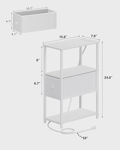 TUTOTAK Small Narrow End Table with Charging Station, Set of 2, Side Table with Outlets, Nightstand with Cloth Drawer, Couch Table, for Living Room, Bedroom, Bedside, White TB01BW058 - color: White, style: 1 Drawer & Plug