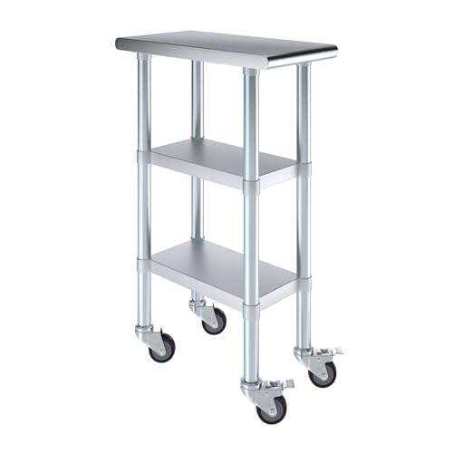 AmGood Stainless Steel Work Table with 2 Shelves and Casters | Metal Utility Table On Wheels (Stainless Steel Work Table with 2 Shelves + Casters, 12" Long x 24" Deep) - size: 12" Long x 24" Deep