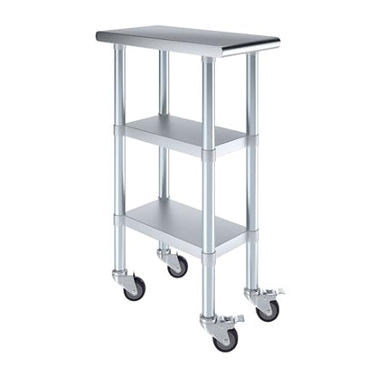 AmGood Stainless Steel Work Table with 2 Shelves and Casters | Metal Utility Table On Wheels (Stainless Steel Work Table with 2 Shelves + Casters, 12" Long x 24" Deep) - size: 12" Long x 24" Deep