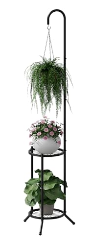 2-Tier Hanging Plant Stand, Heavy Duty Metal Planter Rack - Space Saving Indoor/Outdoor Shelves with 41" Hanging Space - Display Multiple Flower Pots, Tall Iron Plant Organizer for Living Room, Patio & Garden - color: Black