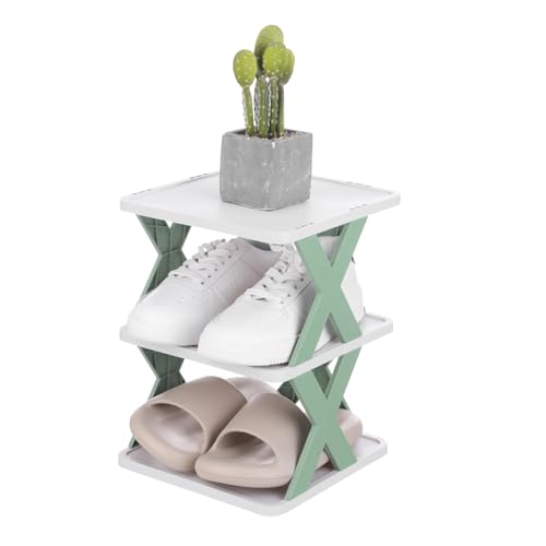 uxcell 3-Tier Plastic Shoe Rack, Vertical Shoe Rack Stackable Storage Organizer Folding Space-Saving Narrow Slot Shelf for Closet Livingroom Entryway Garage, Green/White - color: Green/White, size: 10.2x9.4x13.2 Inch