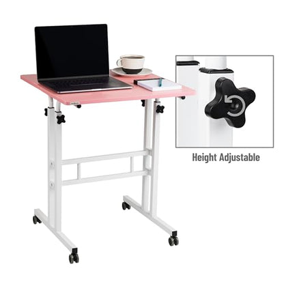 Mind Reader Standing Desk, Adjustable Height Laptop Workstation, Portable Rolling Desk on Wheels, Two-Tier Metal Frame, Pink - color: Pink