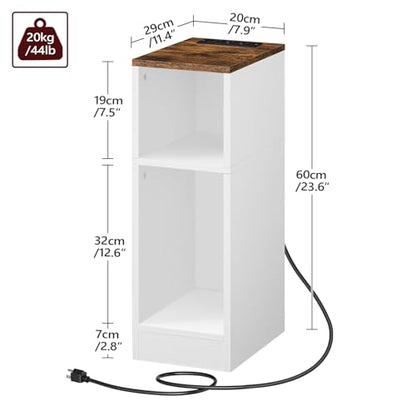MAHANCRIS Narrow Nightstand, Narrow End Table with Charging Station, Skinny Bedside Table for Small Spaces, Mid Century Modern Night Stand for Bedroom, Living Roon, Rustic Brown and White ETBR30E01 - color: Rustic Brown and White