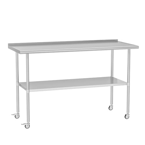 Stainless Steel Prep Table 30" X 60" with Adjustable Undershelf, Backsplash and Wheels, Commercial Metal Workstations for Kitchen, Garage, Home and Hotel - color: W/ Wheel & Backsplash, size: 30x60 Inch