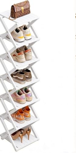 Bamboo Shoe Rack - No Assembly Required, Tall Narrow Foldable Shoe Organizer, Space-Saving Multifunctional Shelf for Entryways, Corners, Bedrooms, Balconies, 7 Layer White (Reinforced And Thickened ) - color: White, size: 7 Layers