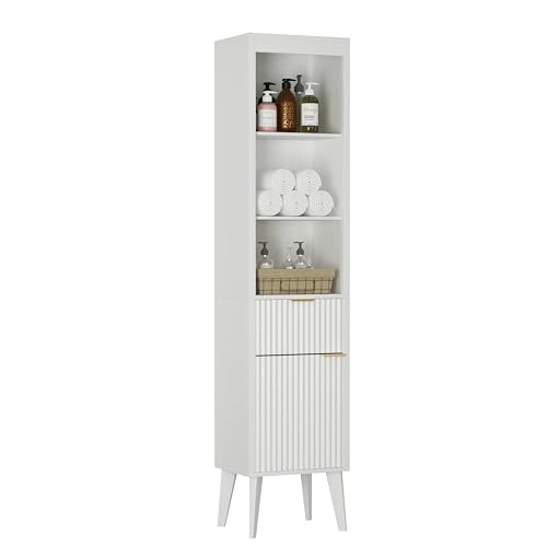 70-Inch Height Storage Cabinet with Fluted Doors, White Freestanding Modern Accent Floor Organizer for Kitchen, Pantry and Bathroom, w/Drawer & Adjustable Shelves - color: White, size: 11.85"D x 15.35"W x 69.69"H