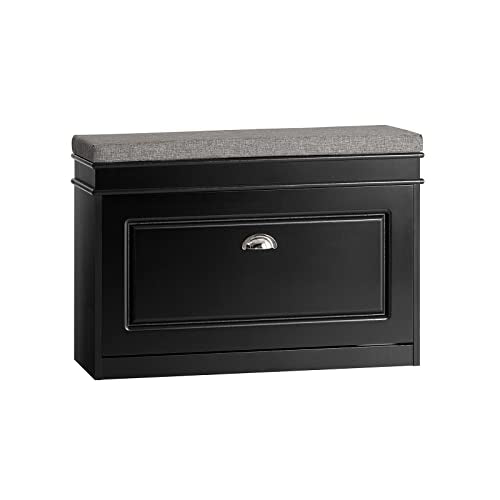 Haotian Shoe Storage Bench with Cushion | Black Narrow Shoe Rack for Entryway, Small Shoe Cabinet with Flip-Drawer, Closet Hallway Mudroom FSR82-L-SCH - color: Black, size: 1 Drawer:29.5x9.4x20"