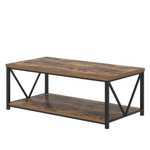 EXCEFUR Modern Coffee Table, Rustic Wood and Metal Living Room Table with Storage Shelf, Industrial Rectangle Center Table, 47 Inch Brown - color: Rustic Brown, size: 47 inch