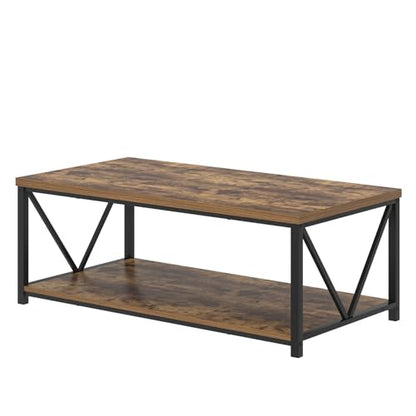 EXCEFUR Modern Coffee Table, Rustic Wood and Metal Living Room Table with Storage Shelf, Industrial Rectangle Center Table, 47 Inch Brown - color: Rustic Brown, size: 47 inch