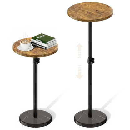 Adjustable Drink Table Marble Base, Small Round Side Table, Pedestal Side Table for Small Spaces in Living Room, Bedroom, Sofa Couch, Brown & Black
