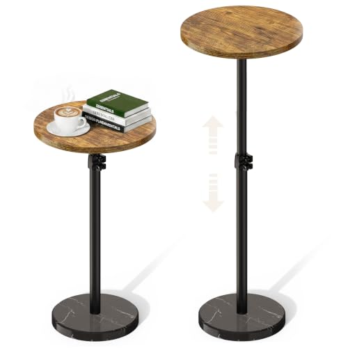 Adjustable Drink Table Marble Base, Small Round Side Table, Pedestal Side Table for Small Spaces in Living Room, Bedroom, Sofa Couch, Brown & Black