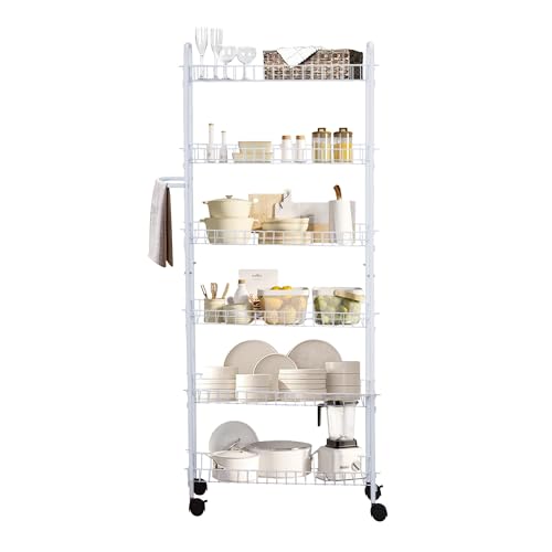 SkyMall Slim Rolling Pantry Cart 6-Tier Shelf - Space-Saving Kitchen & Spice Rack on Wheels, 6" Deep, White Metal - size: 6-Inch