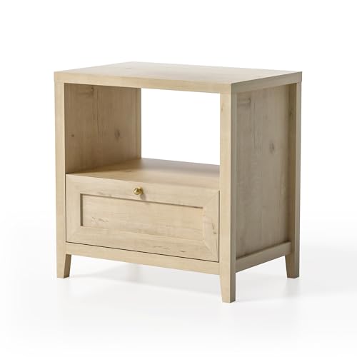 EYYTHUNG Wooden Nightstands with Drawer Modern 24" Wide End Table Night Stand Large Farmhouse Bedside Table with Open Shelf Mid Century Night Stands for Sofa, Light Oak - color: Light Oak, size: 1 PC