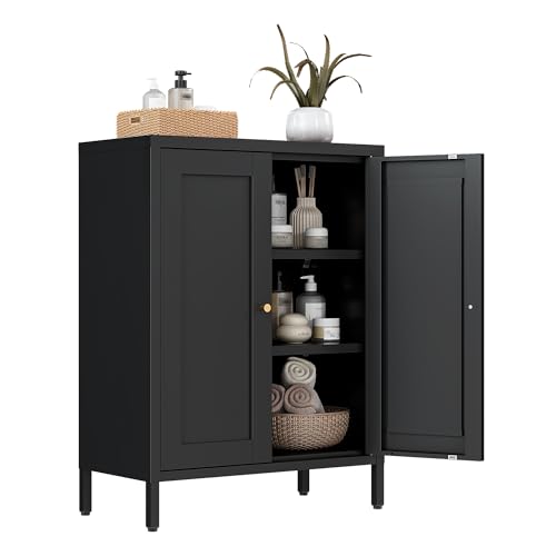 Bevivog Small Bathroom Storage Cabinet, Black Metal Locker Cabinet with 2 Doors and 2 Adjustable Shelves, Metal Floor Cabinets Sideboard for Home Office, Living Room, Hallway, Entryway - color: Black, size: 31.5"H x 23.6"W x 12"D